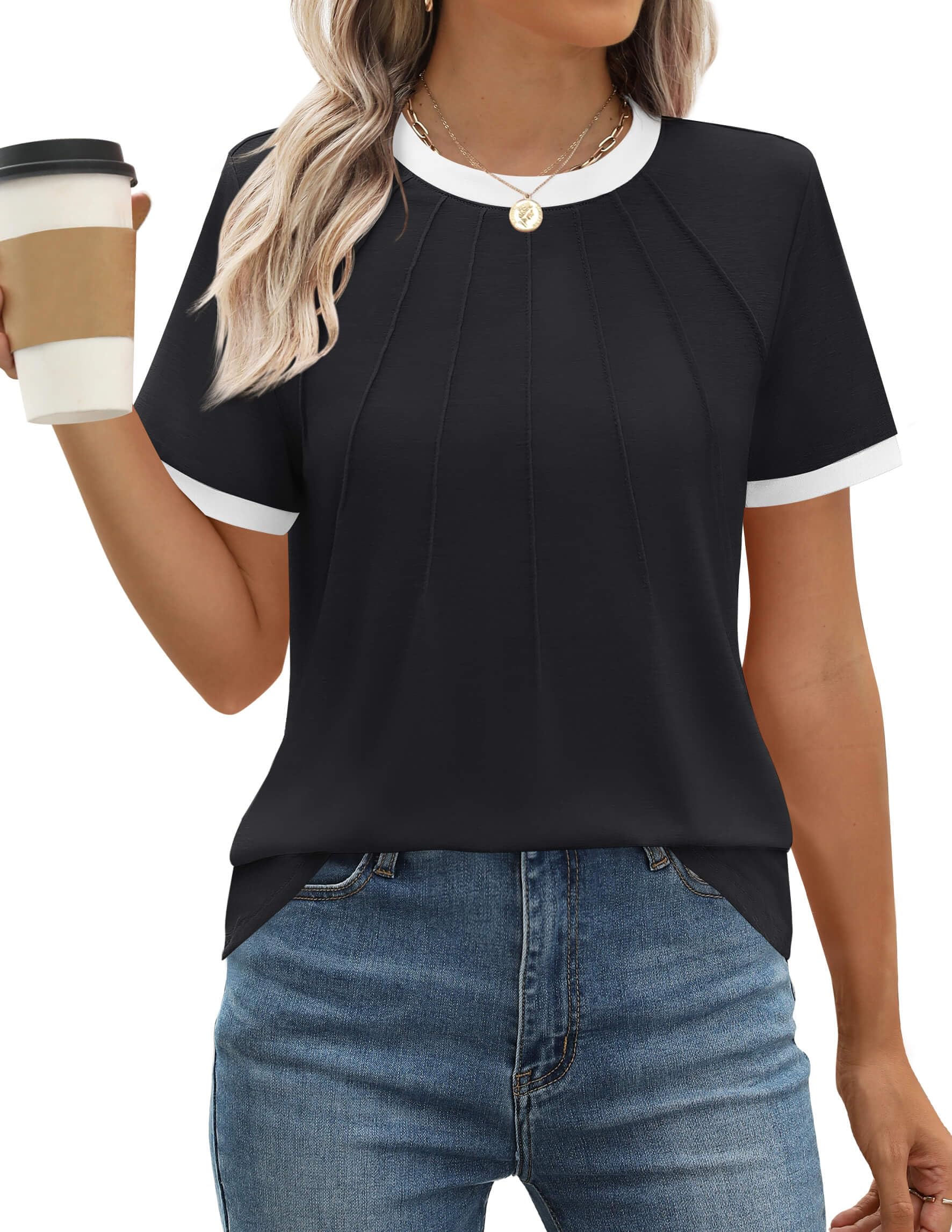 Photo 1 of ZESICA Women's Casual Short Sleeve Trendy Shirts 2025 Summer Dressy Crewneck Color Block Tops Black L
