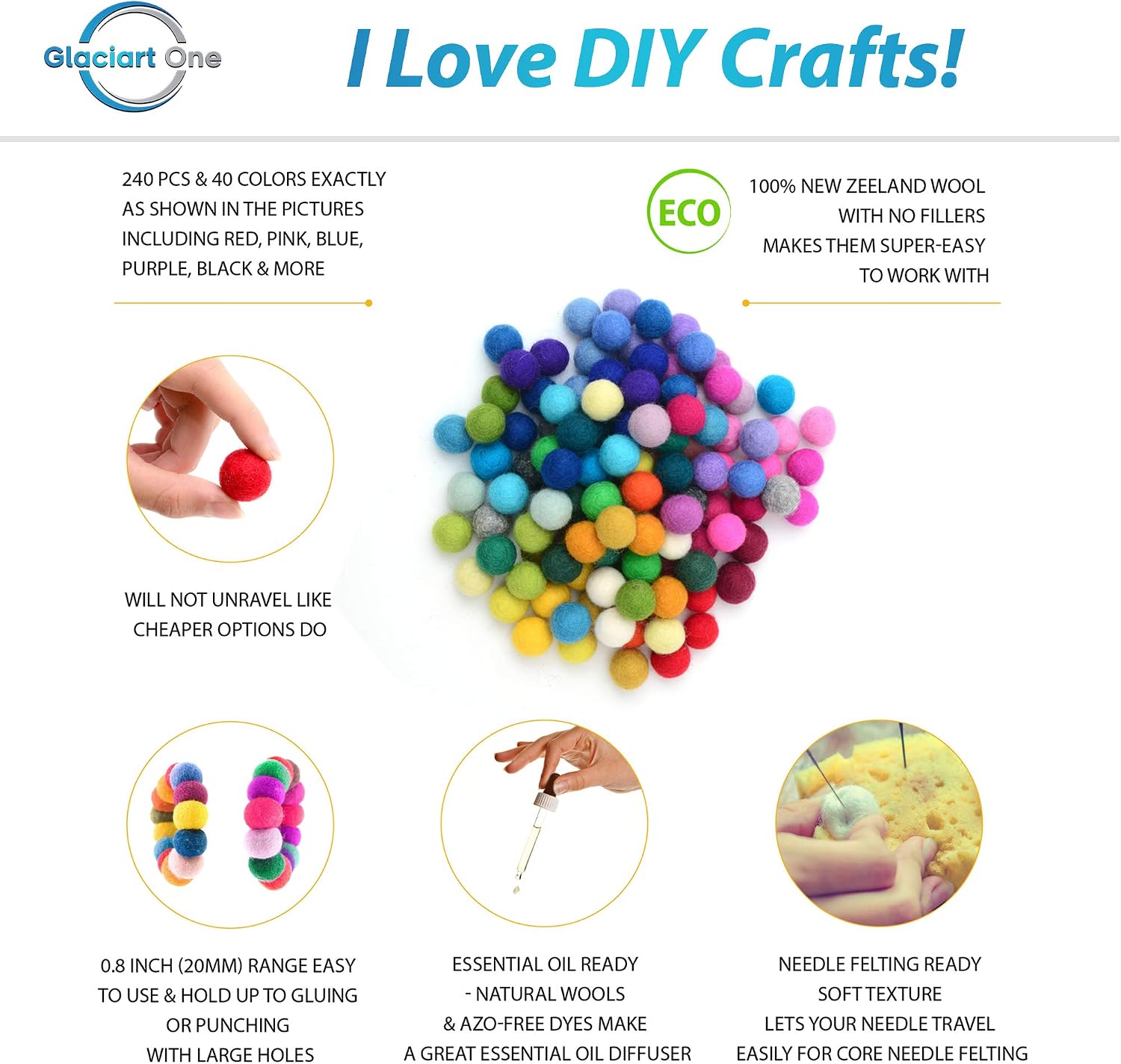 Glaciart One 240pc Felt Pom Poms, 2cm, 40 Colors, Wool, Multicolor, 240pcs - Image 3