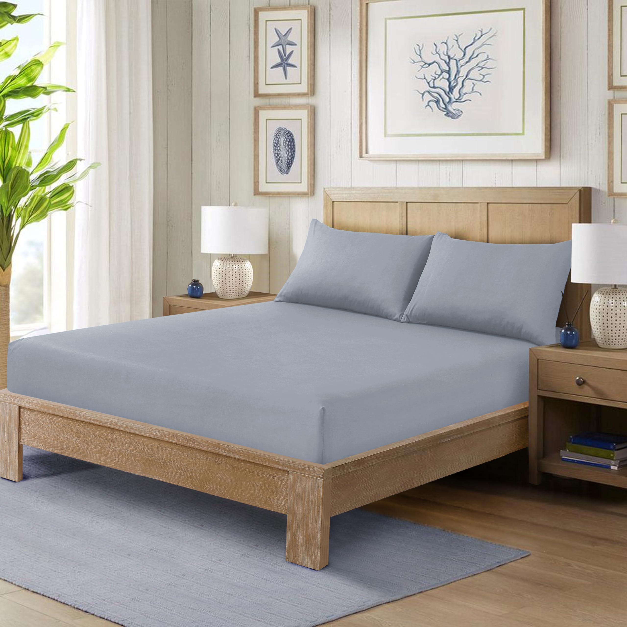 CHARKHAH Polycotton Fitted Sheet for Single Double King Super King Bed High Thread Count Anti Wrinkle Plain Bedding 25 cm Extra Deep Fitted Sheets Cover with Elastic Edges (Silver, Double) — image 1