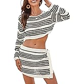 Bsubseach Womens Crochet Swimsuit Cover Up 2 Piece Bathing Suit Cover Up Hollow Out Crop Top Beach Mini Tie Skirt Coverup Set