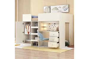 JIVOIT Wood Loft Bed Frame, Full Size Loft Bed with Built-in Wardrobe, Built-in Desk, 3-Tier Storage Shelves and 3 Drawers, Space-Save Loft Bed with Full-Length Guardrails for Kids Teens