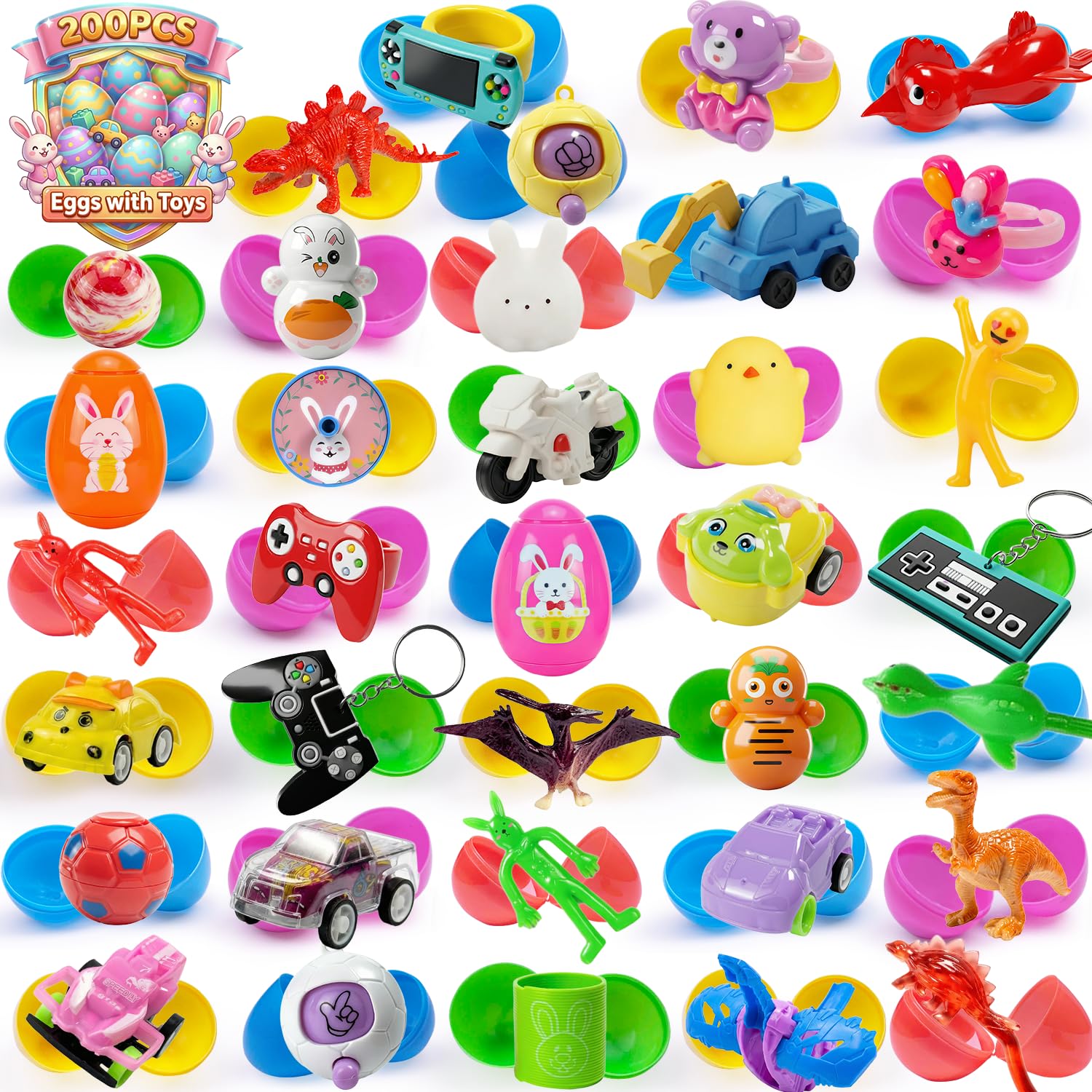 SQZUWIT 200 Pcs Prefilled Easter Eggs Filled with Toys Inside for Kids Boys Girls Pre-filled Easter Hunt Basket Stuffers Essentials Fillers Party Favors Classroom Prize Supplies