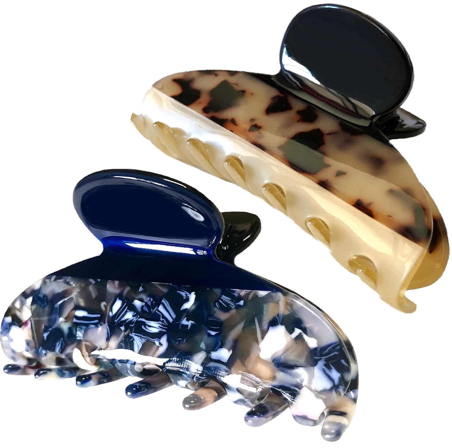 YOU BEAUTIFUL, 2 Pack, Exquisite Hair Claw Clips 3.1", Strong Hold Celluloid Acetate Jaw Clamps and Clips for Women, Trendy Color Block Hair Clip, Protective Jewelry Bag Included (BlueLeopardPak)