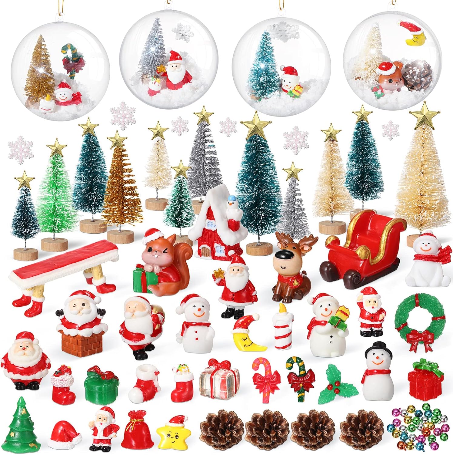 Ornaments - 96 Pcs Miniature Ornaments for Snow Globe Kit DIY Christmas Village Decoration Christmas Figurines Mini Christmas Ornaments with Snowman Reindeer Santa Claus Snowflake (Teal Beige Gold Green)
