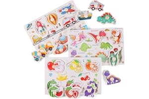 NASHRIO Wooden Peg Puzzles for Toddlers 1-3, Kids' Educational Preschool Peg Puzzle Toy, Set of 3 Toddler Puzzles - Traffic, Dinosaur, and Fruit, Ideal Gift for Ages 1 2 3 Boys and Girls