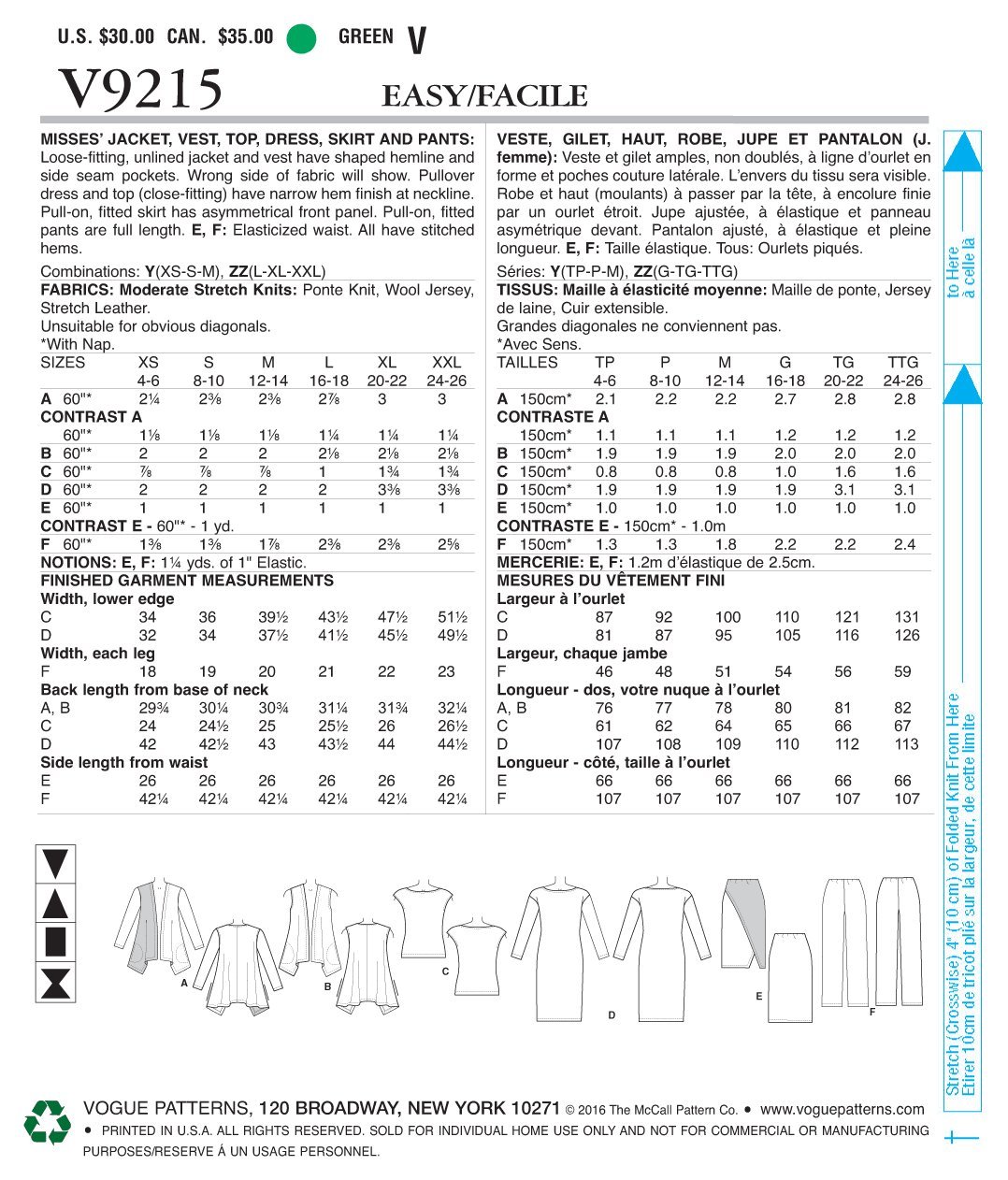 15 X 0 5 X 22 Cm Vogue Patterns 9215 Y Misses Jacket Vest Top Dress Skirt And Pants Sizes Xsm Med Multicoloured Tissue Tools Home Garden Store Cate Org