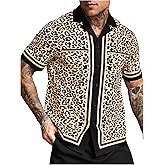 SHENHE Men's Button Down Short Sleeve Leopard Print Shirt Lapel Collar Casual Top