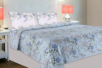 haus & kinder Victorian Summer Dream, 186 TC 100% Cotton Double Bedsheet with 2 Pillow Covers (Dove Blue)