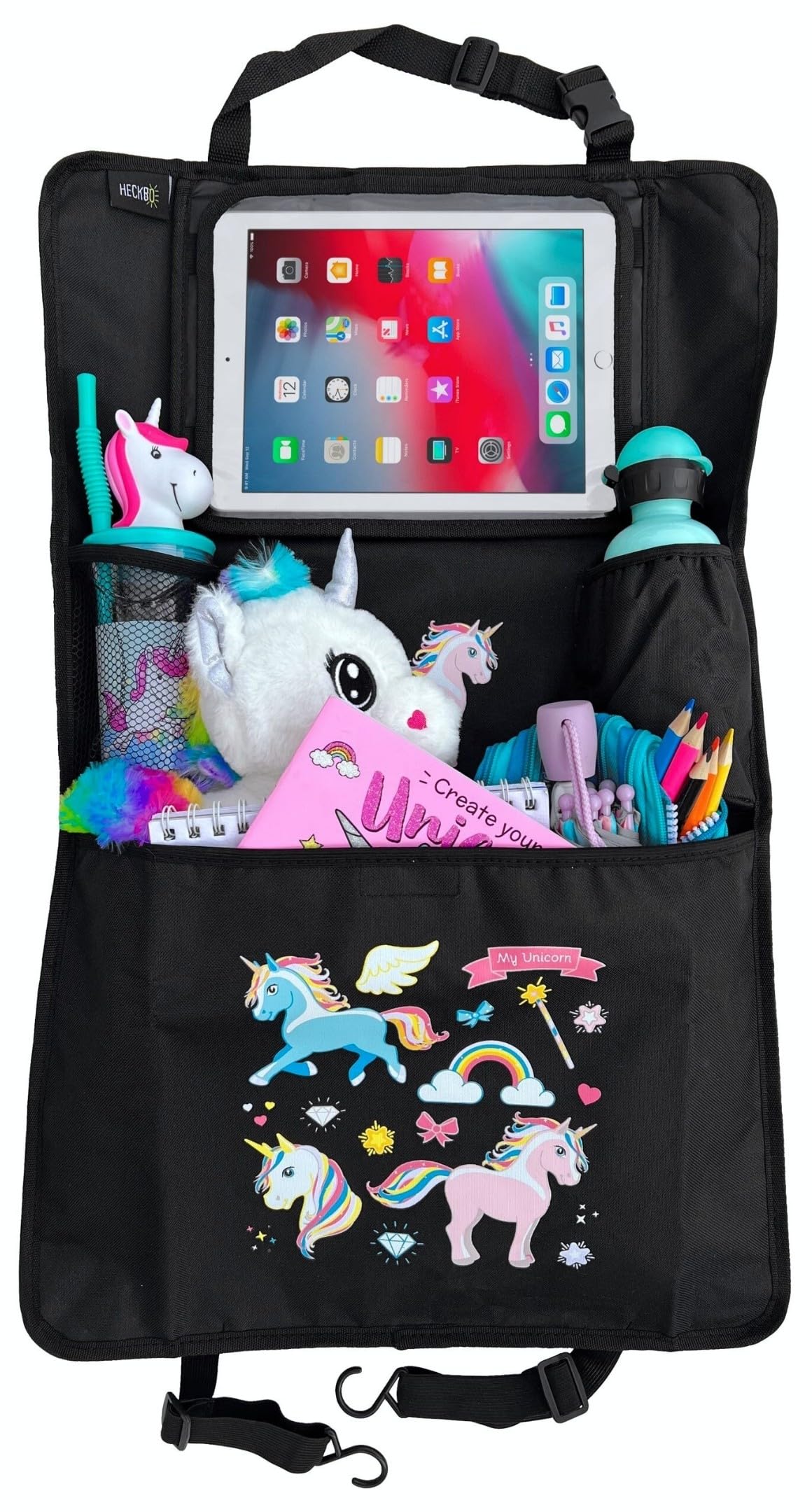 HECKBO 1x Children’s Car Seat Back Organiser with Adjustable Tablet Holder & Storage Pockets – Unicorn Design – Universal Fit – 70x45 cm – incl. Cup Holder + Storage Net