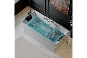 Empava 59-Inch White Freestanding Whirlpool Bathtub Rectangular with 8 Hydromassage Adjustable Water Jets