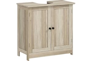 HOMCOM Under Sink Bathroom Cabinet, Pedestal Sink Storage Cabinet with 2 Doors, Shelf and U-Shape, Weathered Gray Oak