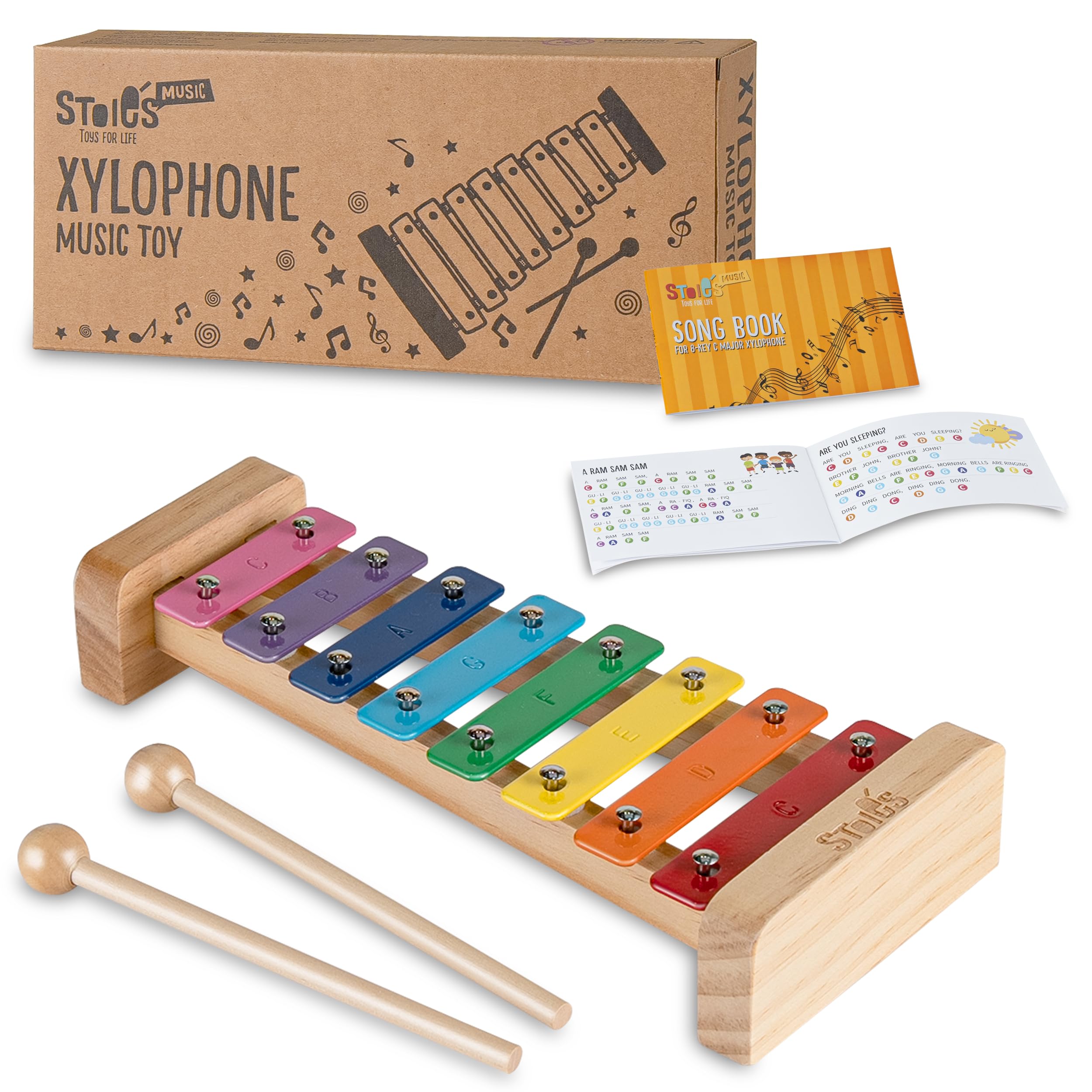 Stoie'sRainbow Xylophone for Kids and Toddlers 3-5, Tuned C-Key Wooden 8 Notes Xylophone with Mallets and Music Song book, Montessori Toy