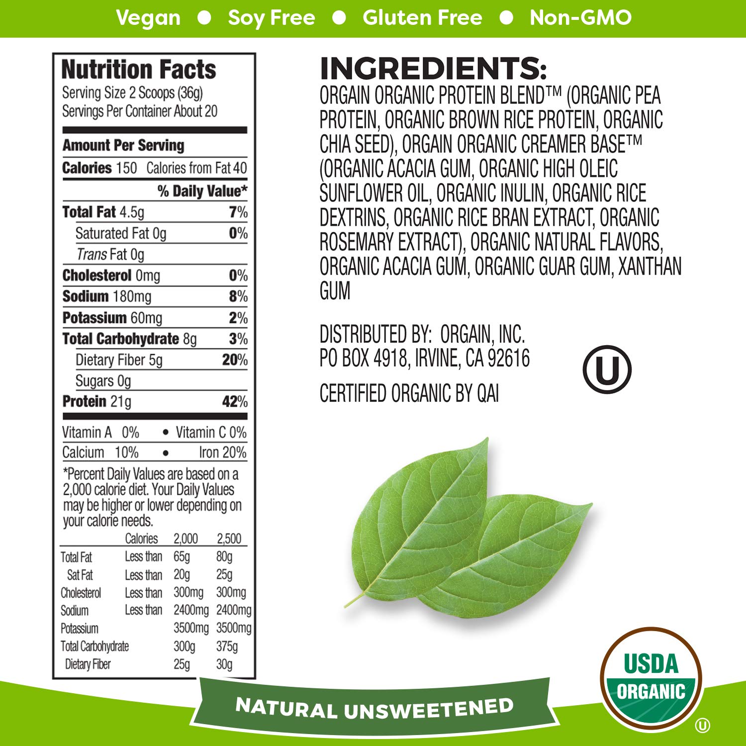 Orgain Organic Plant Based Protein Powder, Natural Unsweetened - Vegan, Low Net Carbs, Non Dairy, Gluten Free, Lactose Free, No Sugar Added, Soy Free, Kosher, Non-GMO, 1.59 Pound (Packaging May Vary): Grocery & Gourmet Food
