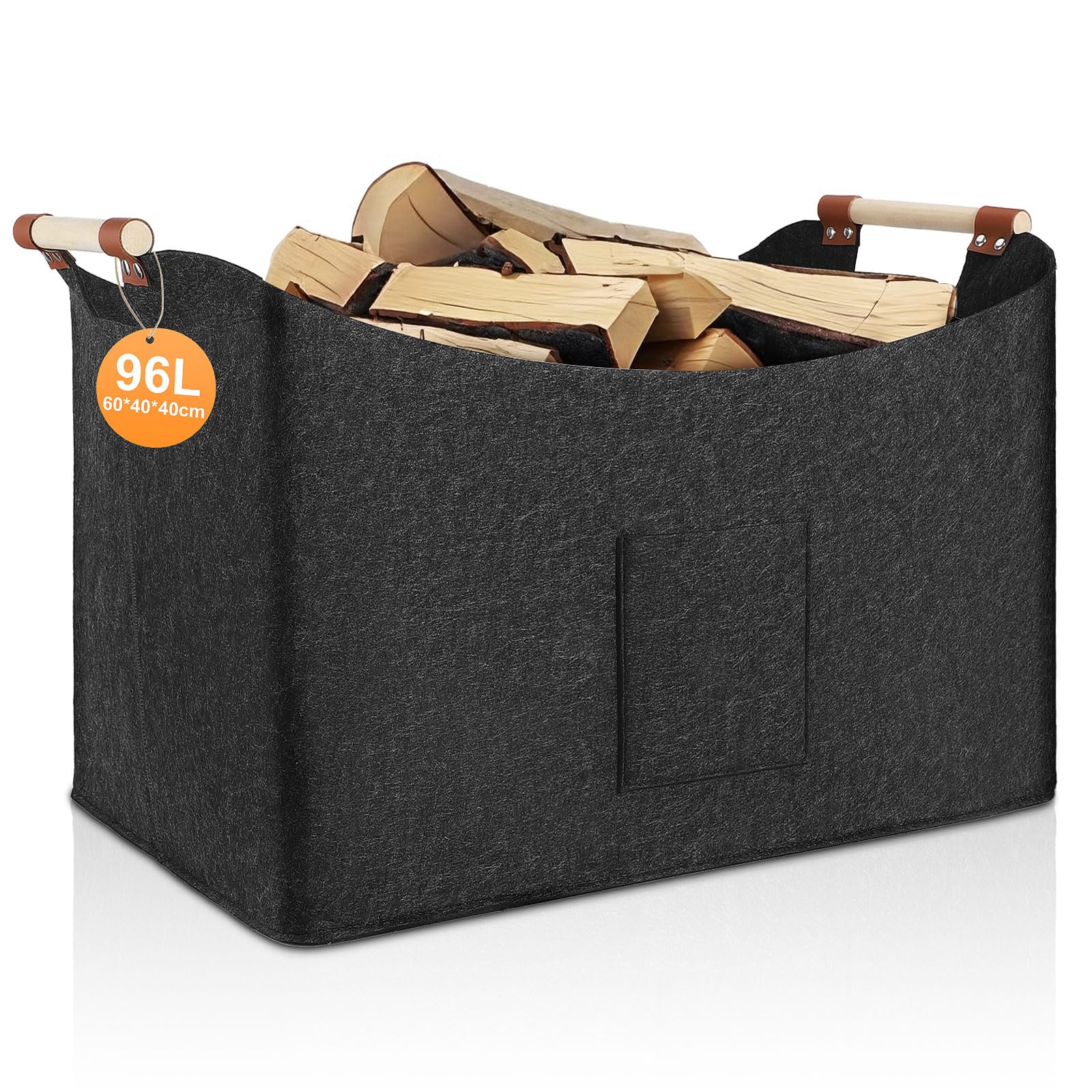 TOBWOLF 96L Foldable Firewood Basket, Log Baskets for Fireplaces, Felt Bag, 60 x 40 x 40 cm, XXXL Wood Basket with Carry Handles, Extra Thick Felt and Reinforced Handle Storage Baskets for Shopping