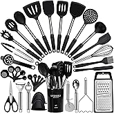 Large Cooking Utensils Set, 35 Pcs Silicone Kitchen Utensils Set with Holder, Stainless Steel Handle Spatula Set, Heat Resistant Food Grade Silicone Kitchen Gadgets for Non-stick Cookware (Black)