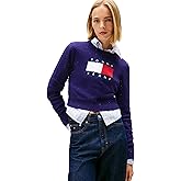 Tommy Jeans womens Long Sleeve Pullover Crewneck Sweater With Big Flag Logo and Sparkle Detail