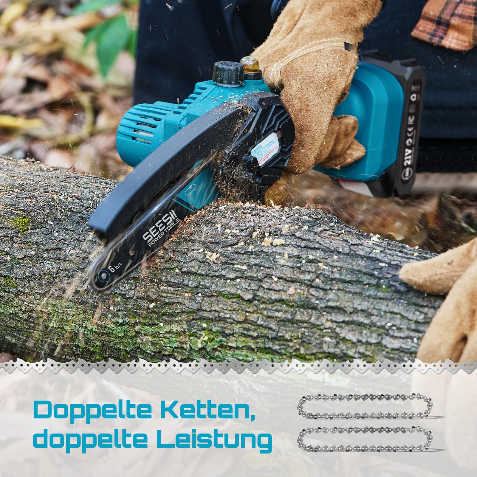 Seesii Mini-Kettensäge mit Akku, 6 Zoll, elektrische Kettensäge, kabellos, mit Schmiermittelinjektor und 2 Batterien, Mini-Kettensäge, wiederaufladbar, 2 Ketten 6
