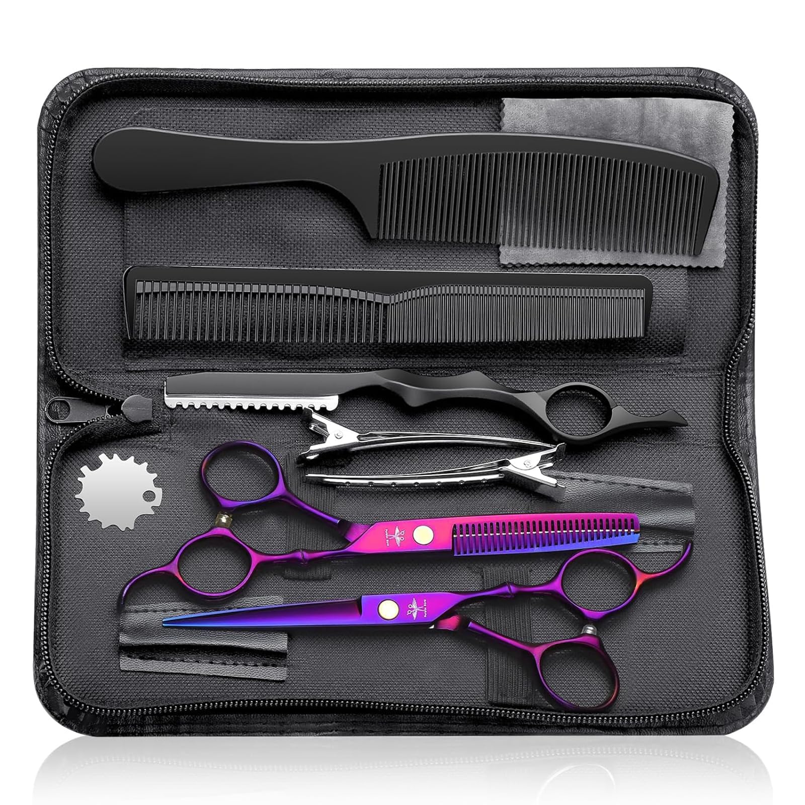 PURPLEBIRD Professional Barber Hair Scissors Set, Stainless Steel Hairdressing Shears with Thinning Scissors for Men Women Pet, 10 Pcs Purple