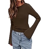 BTFBM Long Sleeve Shirts for Women 2026 Spring Y2K Clothes Casual Boat Neck Bell Sleeve Fitted Fall Going Out Tops