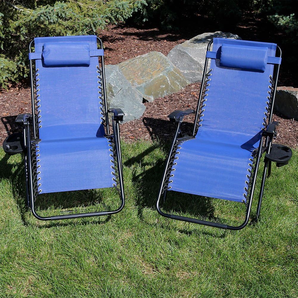 Sunnydaze Outdoor XL Zero Gravity Lounge Chairs with Pillow and Cup Holder Folding Patio Recliner Navy Blue Set of 2: Kitchen & Dining