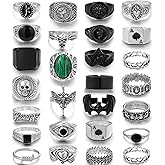 YANJINMY 27 Pcs Vintage Silver Punk Rings for Men Cool Gothic Chunky Rings Set Men's Signet Skull Snake Bat Statement Knuckle Rings