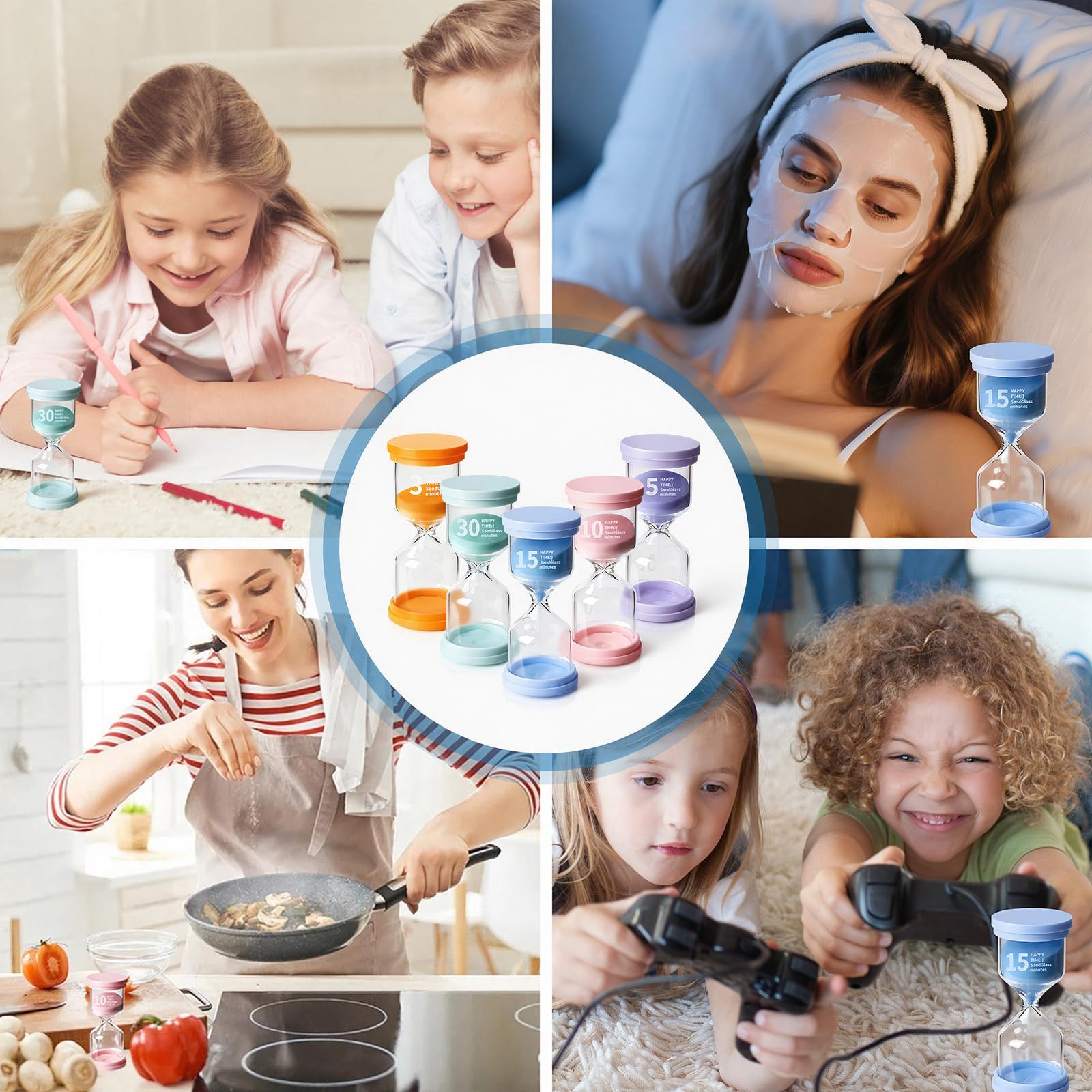 5 Stück Sanduhren Set für Kinder, Sanduhr Set Kinder, 5 Macaron Farben, 3/5/10/15/30 Minuten Buntes Sanduhren, Zeitmesser Sanduhr, für Küche, Office Deko,Kinderleben 7