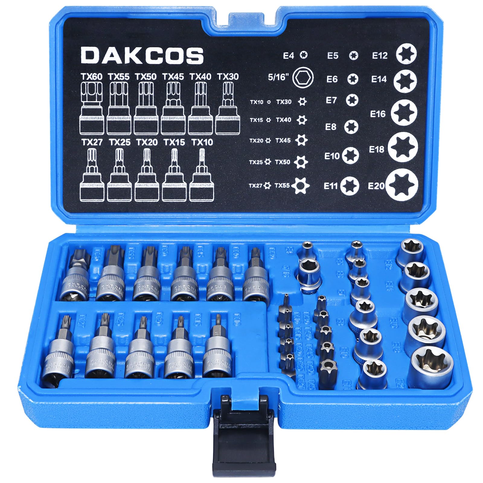 DAKCOS 34pc Torx Socket Set, 12pc E4-E20 Nuts, 11pc T10-T60 Torx Bits, 10pc T10-T55 Security Bits & 1pc Adapter — image 1