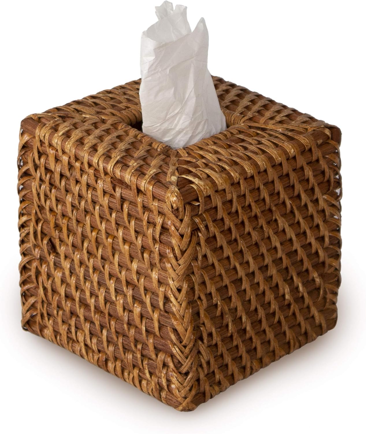 MadeTerra Woven Rattan Square Tissue Box Holder for Kitchen Bathroom, Car, Honey Brown