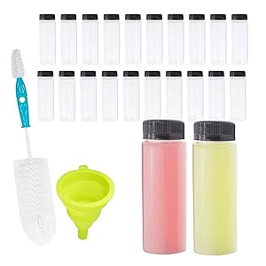 Empty PET Plastic Juice Bottles - Pack of 20 Round Reusable Clear Disposable Milk Bulk Containers with Funnel and Brush and Tamper Evident Caps (Black, 4 oz)