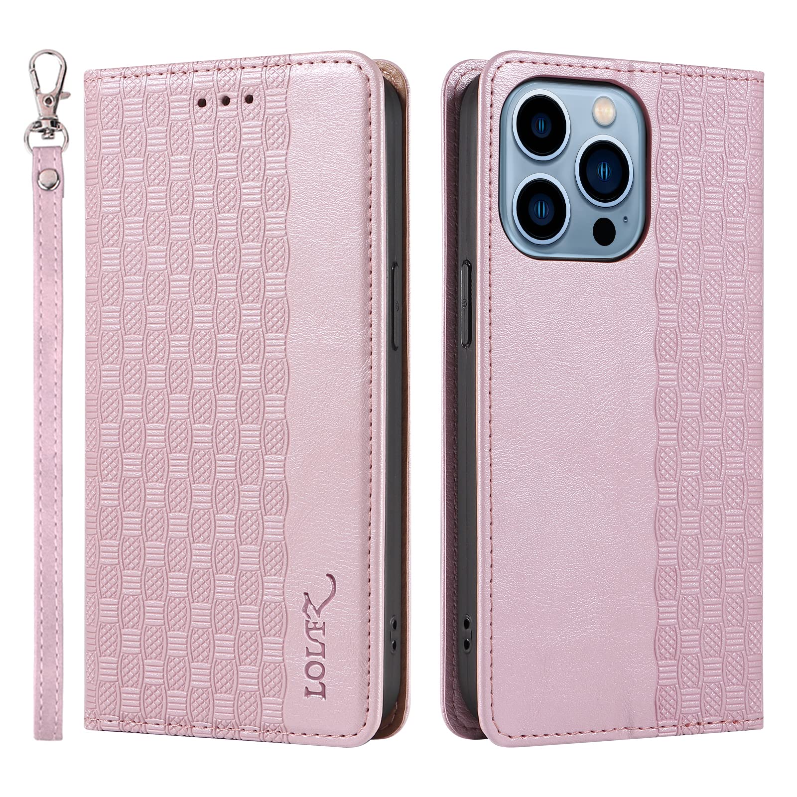 LOLFZ Case for iPhone 13 Pro Max, Leather Flip Wallet Case Card Slots Kickstand Wrist Strap Protective Magnetic Phone Case Cover for Apple iPhone 13 Pro Max - Rose Gold