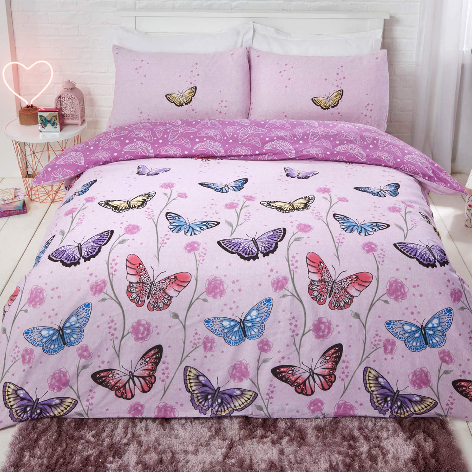 Dreamscene Double Duvet Set, Ultra Soft Warm Cosy Vibrant Butterfly Design Bedding Sets Luxurious Reversible Double Quilt Cover Set with Pillowcases - Purple