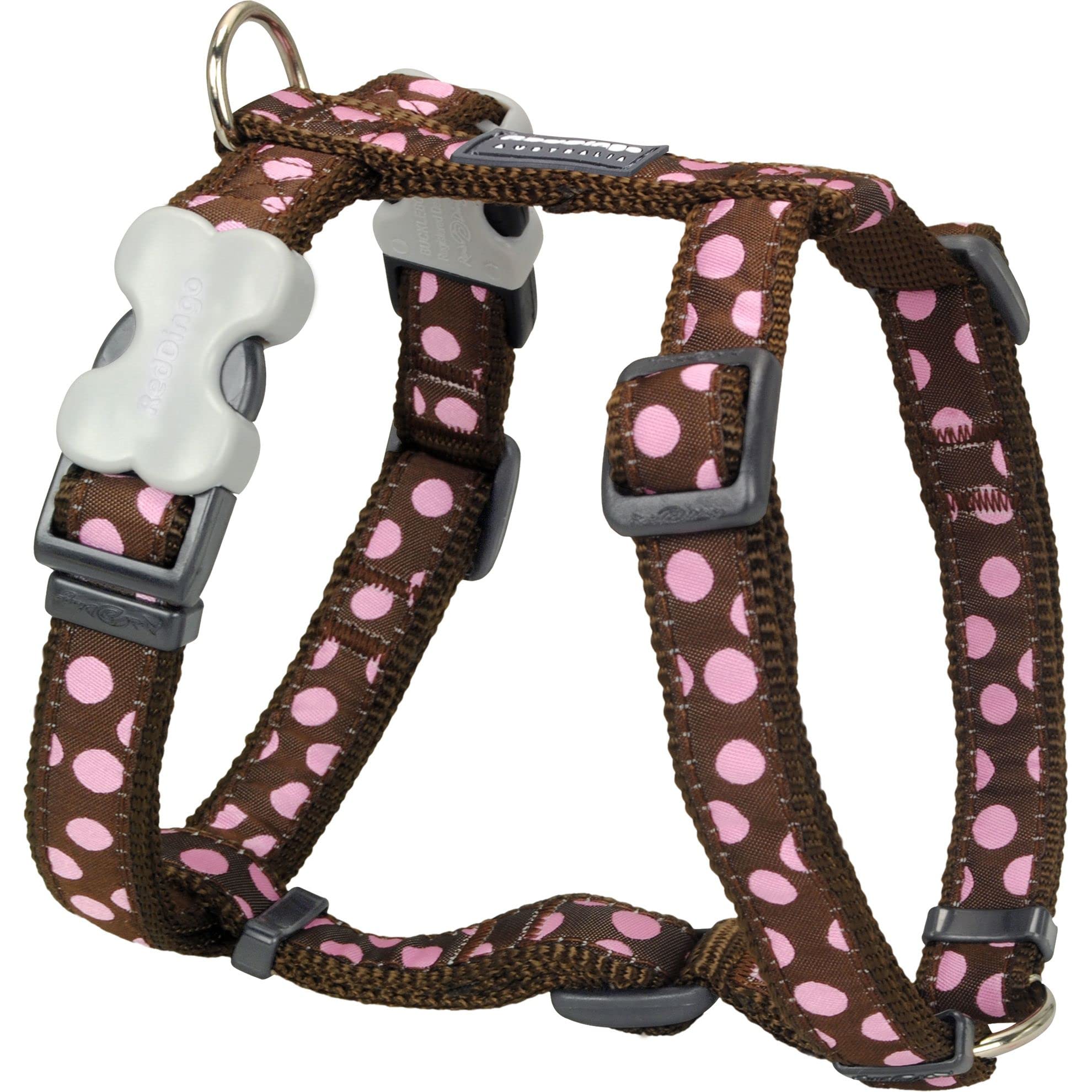 Red Dingo Classic Dog Harness Design, Pink Spots on Brown, Small 15mm
