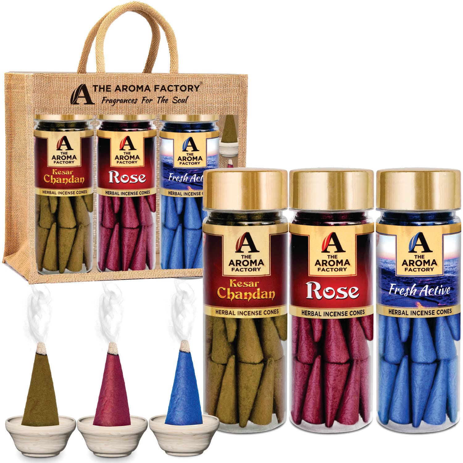 The Aroma Factory Organic Incense Dhoop Cones (Saffron Sandal, Rose, Fresh Active) Zero Charcoal | No Bamboo | 100% Herbal Fragrance | Combo Assorted Dhoop, 3x30 Cones Jute Gift Set with Holder