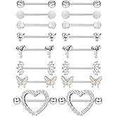 Besteel 8 Pairs Nipple Rings 14G Stainless Steel Nipplerings CZ Heart Butterfly Ball Tongue Barbell Rings Retainer Body Piercing Jewelry for Women