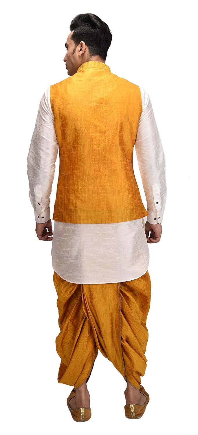 deyann yellow nehru jacket and kurta dhoti set