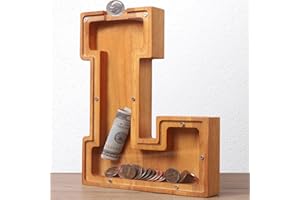 HODNSZRIT Wooden Letter Piggy Bank for Kids Boys Girls Large 26 Alphabet Money Bank Personalized Custom Name Transparent Saving Coin Bank, Perfect Christmas,Birthday Gift for Kids Adults and Home Decoration(L)