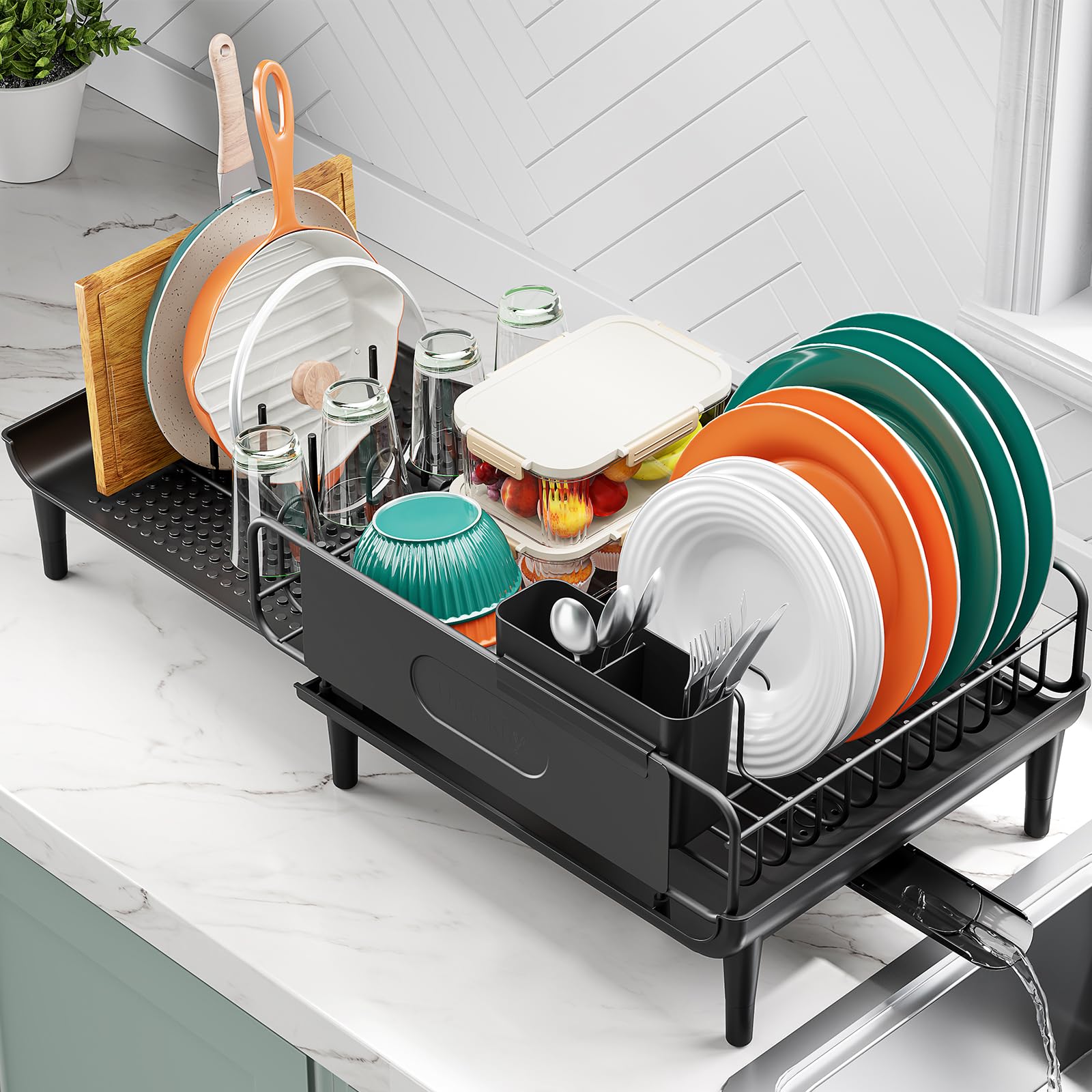 Photo 1 of Large Extendable Dish Drying Rack, 16.93" to 26.57" Expandable Dish Rack for Kithen Counter, with Multifunctional Drainboard, Fits Any Sink, Heavy-Duty Steel Plate Drainer for Countertop Organization