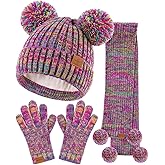 Kids Winter Hat Gloves Scarf Set, Girls Toddler Children Beanie with Pom Knit Neck Warmer Gaiter Mittens Fleece Lined Set