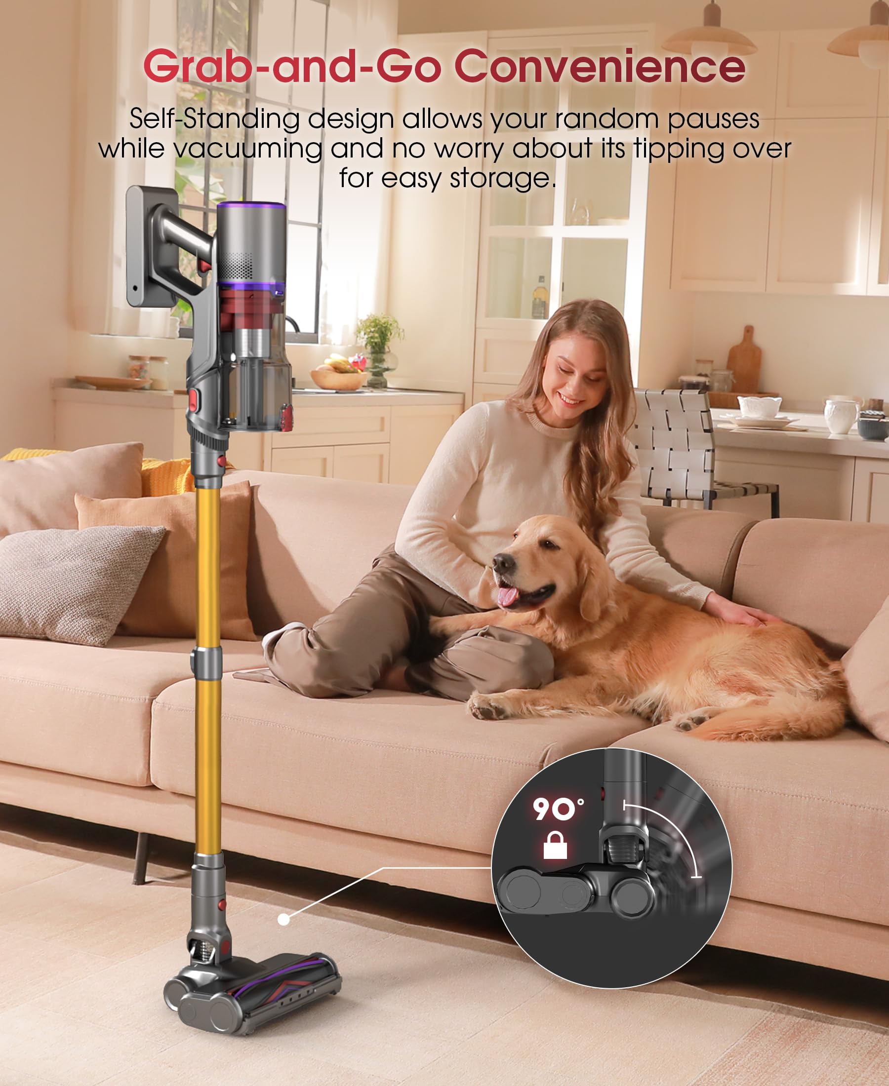 UNINELL HOME Cordless Rechargeable Vacuum Cleaner with Wall Mount Charging, 48Kpa 550W 65Mins for Home, Anti-Tangle Stick Vacuum Self-Standing for Pet Hair/Carpet