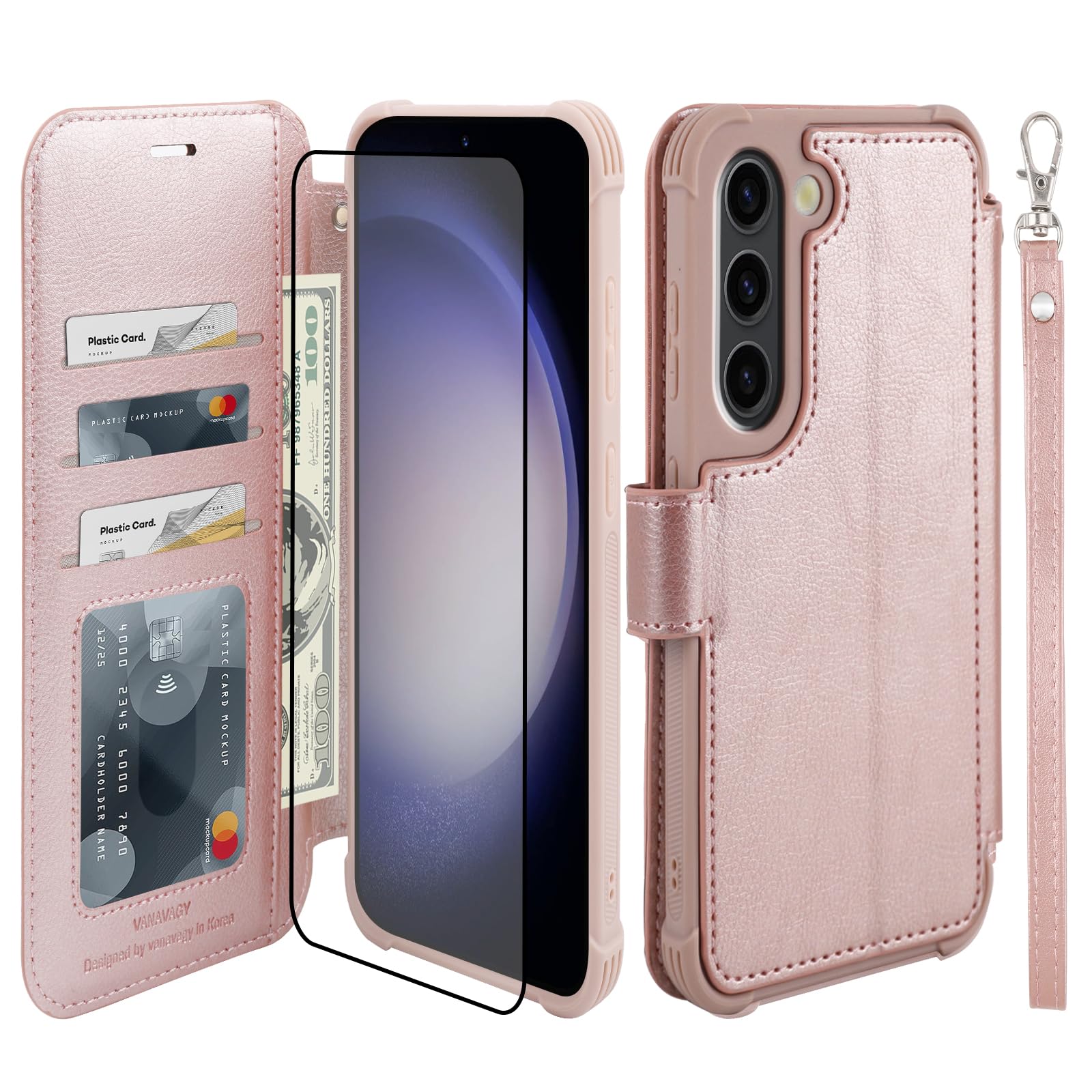 VANAVAGY Compatible for Galaxy S23 Wallet Case, 12ft Drop Protection, RFID Blocking PU Leather Flip Cover, Card Holder & Kickstand, Shockproof Phone Case for S23-6.1 Inch,Rose Gold