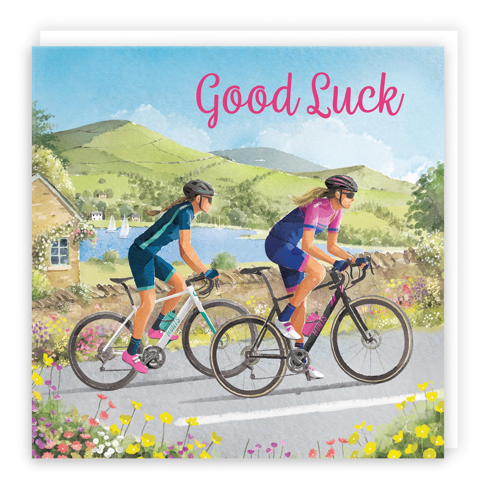 Hunts England - Cycling Good Luck Card For Her - Milo's Gallery - Female Cyclist Card For Bike Fans - Good Luck Card For Exams, Driving Test, New Job, Travelling, Moving, etc.