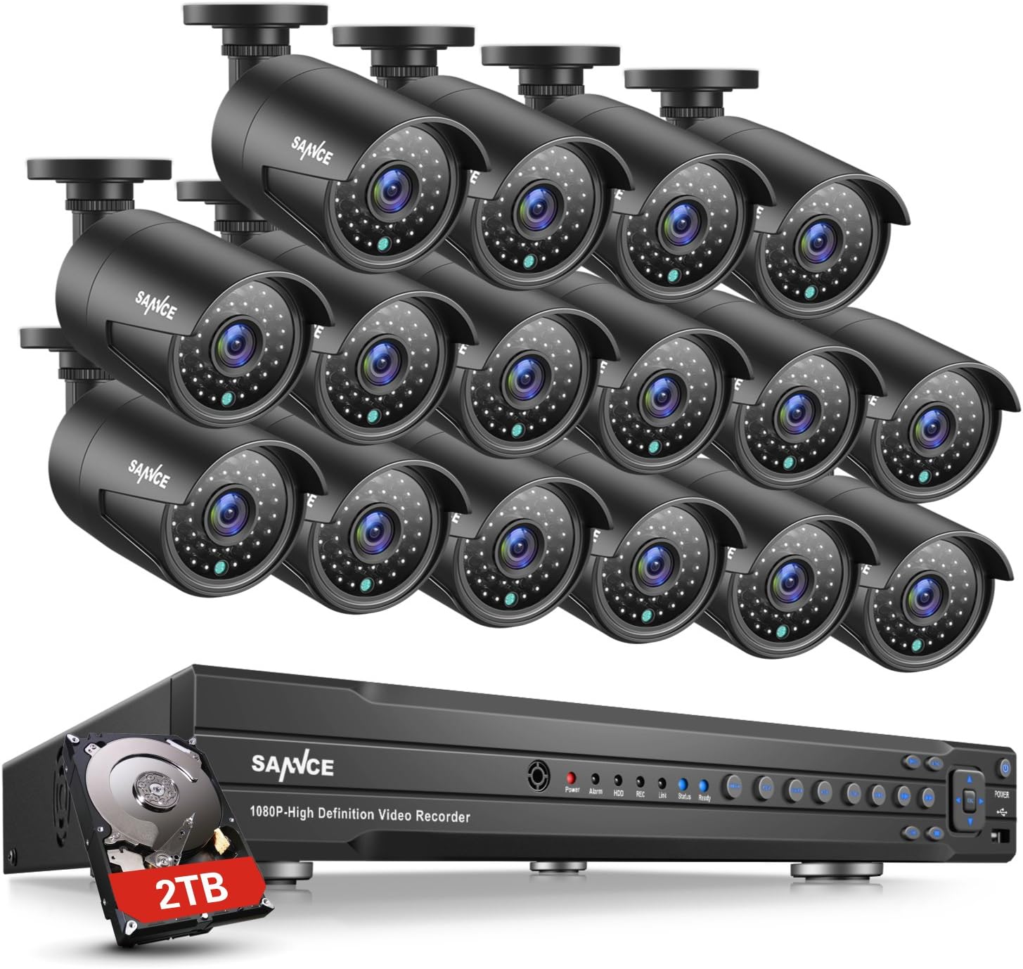 SANNCE 1080P HD 16CH 5-in-1 DVR Security Cameras System + 2TB Surveillance Hard Drive Disk and 16x2.0 MP Weatherproof IP66 CCTV Bullet Cameras, Motion Detect, Email Alert