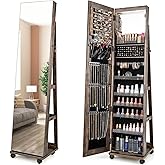 GOFLAME Jewelry Cabinet with Full Length Mirror, Lockable Jewelry Storage Organizer with Wheels, 3-Color LED Lights, Inner Mirror, Freestanding Jewelry Armoire with Rear Storage Shelves, Rustic Brown
