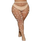 Henwarry Women's Glitter Rhinestone Plus Size Fishnet Stockings Sparkly Mesh Sexy High Waisted Tights for Weight 100-290 Lbs