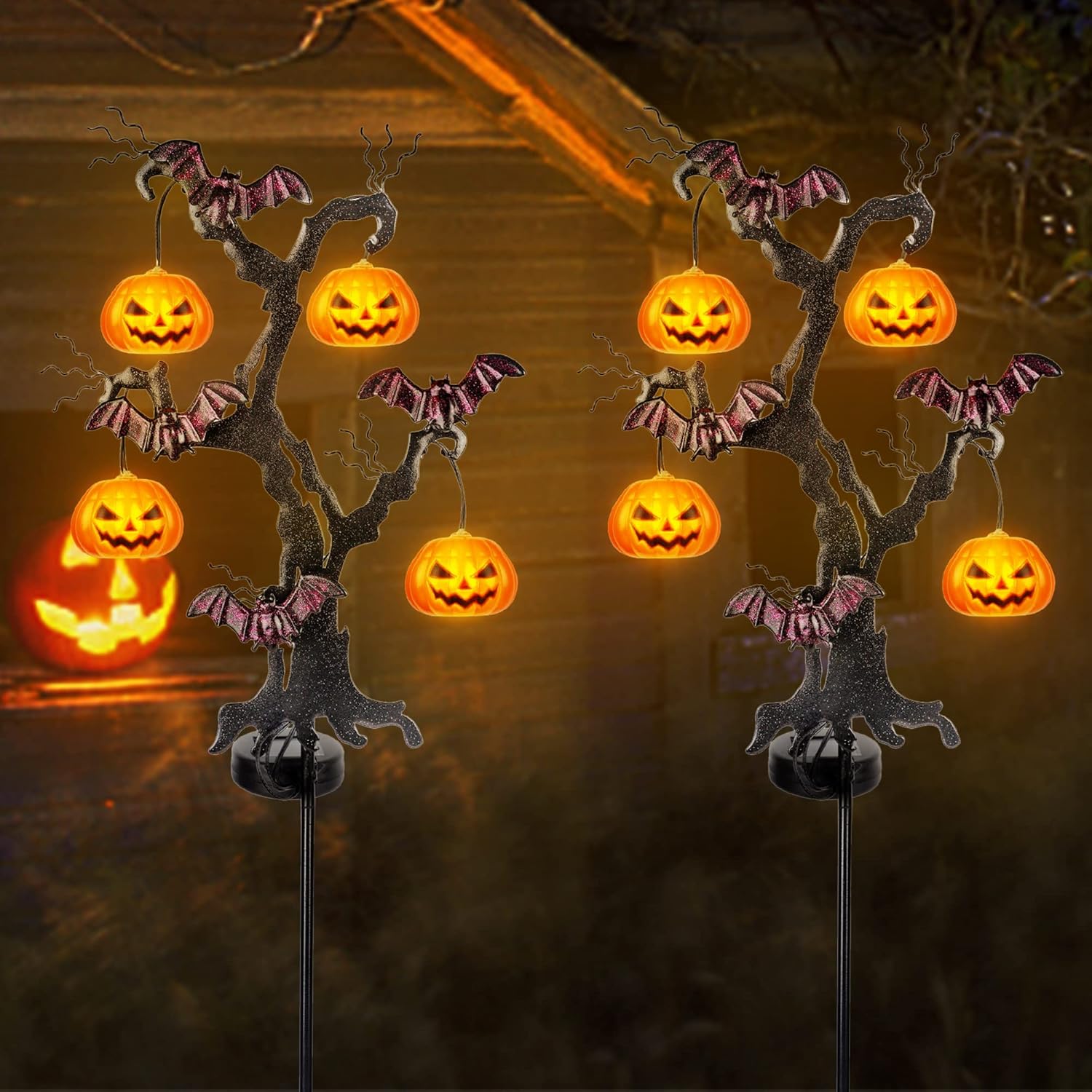 Decorative Garden Stakes - Ridota Solar Halloween Yard Decorations, Outdoor LED Solar Powered Pumpkin Tree Halloween Pathway Lights, Metal Garden Stakes Lawn Yard Ornament, Set of 2