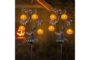 Ridota Solar Halloween Yard Decorations, Outdoor LED Solar Powered Pumpkin Tree Halloween Pathway Lights, Metal Garden Stakes Lawn Yard Ornament, Set of 2