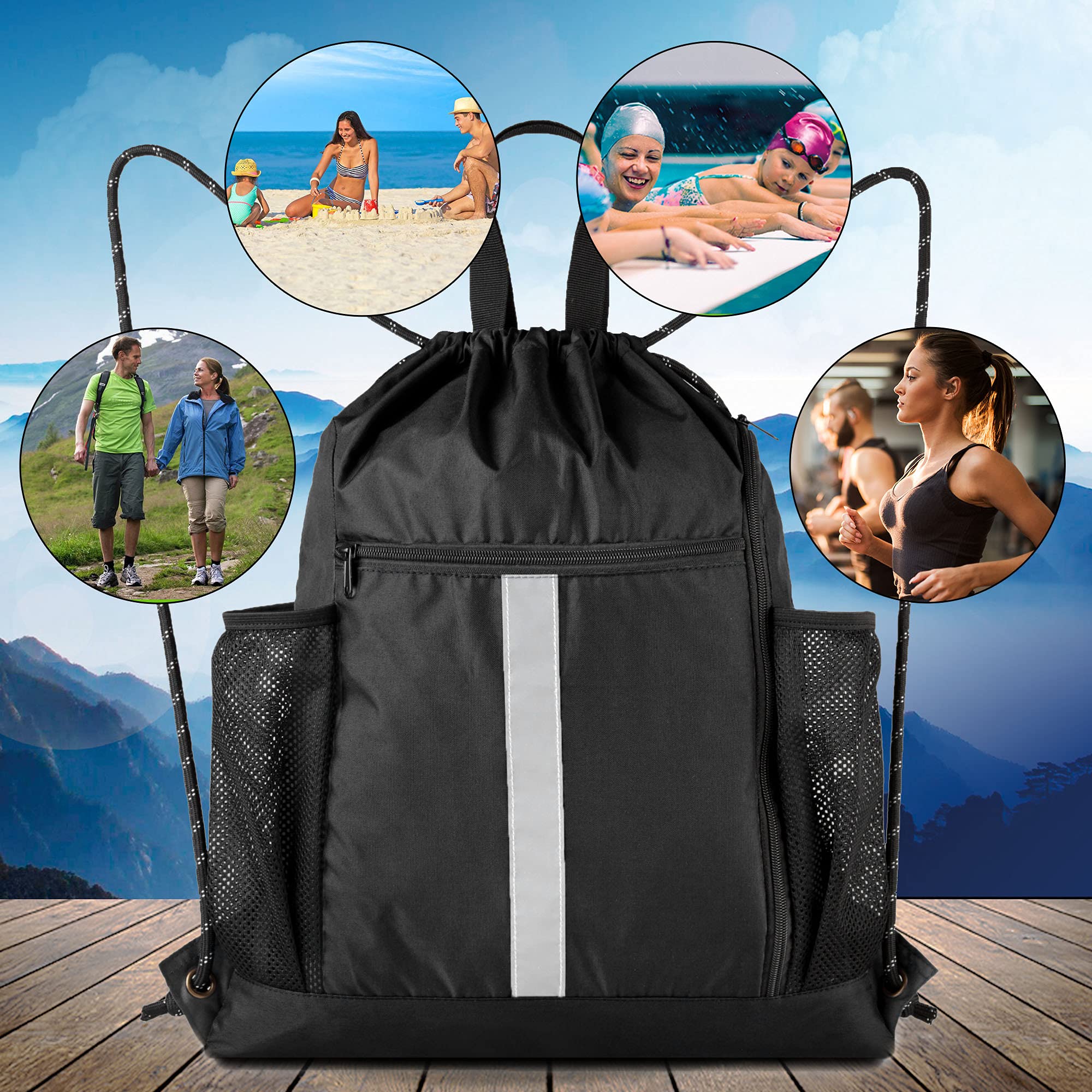BeeGreen Drawstring Backpack Sports Gym Bag With Shoe Compartment and Two Water Bottle Holder …