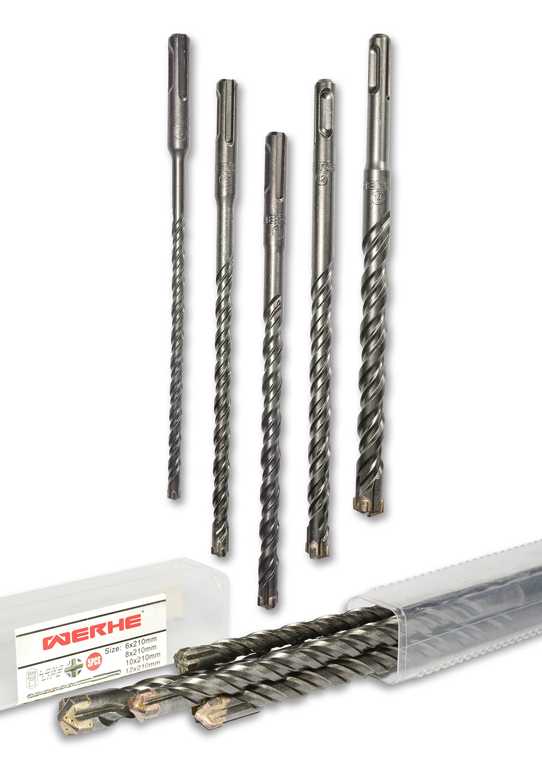 WERHE ® SDS Plus Concrete Drill Bit Set 5 Pieces 6, 8, 10, 12, 14 x 210 mm Hammer Drill Bit Masonry Drill Concrete Drill