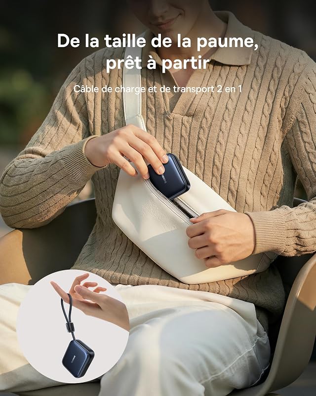 AC22 Mini Powerbank 10000mAh, 45W PD Power Bank Compacte avec Câble USB-C Intégré, Batterie Externe de Poche pour iPhone 17/16/15 Pro Max, Samsung S26/S25 Ultra, iPad, Pixel 10/9