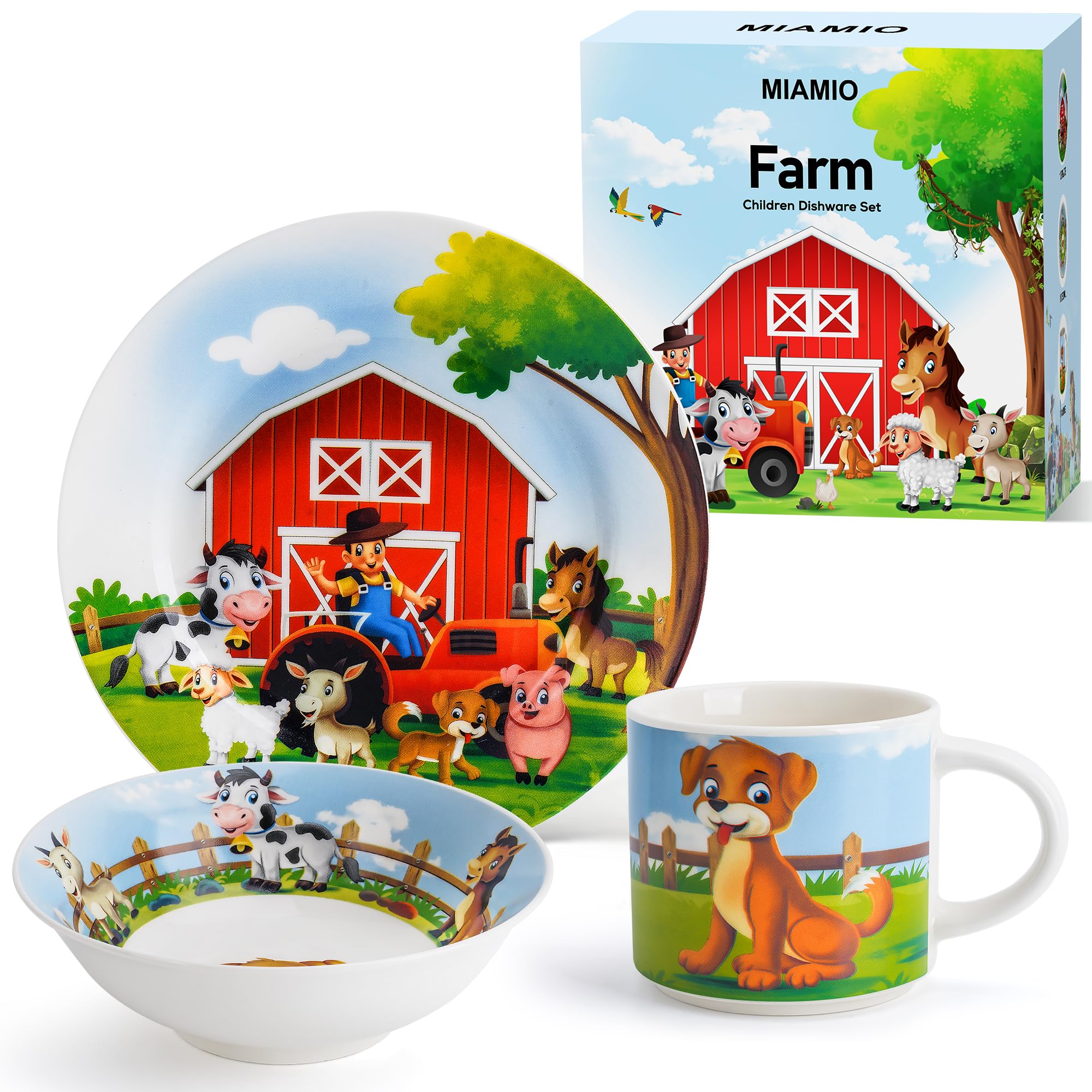 Photo 1 of MIAMIO – Set of 3 Kids Dinnerware Set/Porcelain Children Dishes, Kids Dish Set, Children’s Tableware Set - Includes Plate, Bowl and Cup – For Kids and Toddler (Farm)